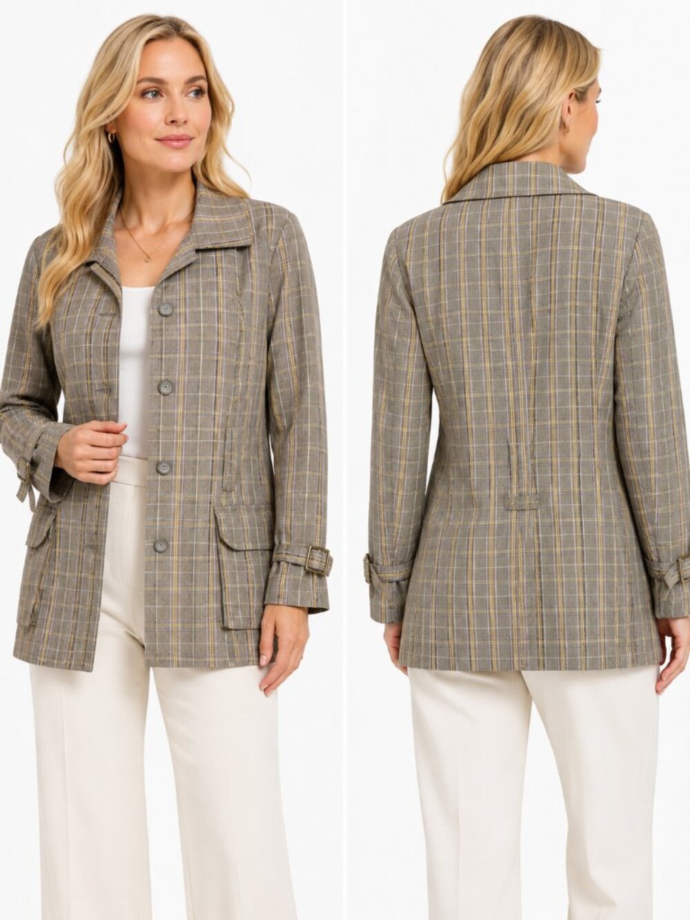 Debbie Shuchat Plaid Utility Jacket Blazer Women’s 14 Taupe Gray Yellow Chic